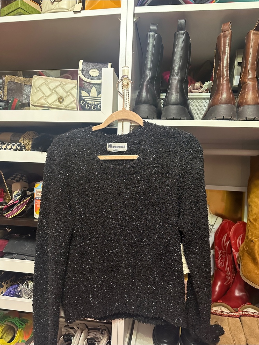 Black Fuzzy and shimmery Crewneck Sweater - Women's